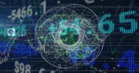 Displaying 3D wireframe sphere rotating on trading interface, with candlestick Stock Illustration