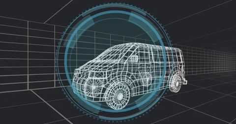 Displaying 3D wireframe SUV model inside virtual design workspace, with blue HUD Stock Footage 327064723