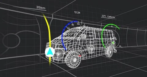 Displaying 3D wireframe SUV model in dark grid, with navigation path, Stock Illustration