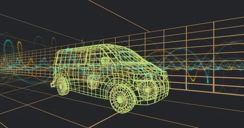 Displaying 3D wireframe SUV model glowing neon lines in virtual grid chamber, Stock Photos