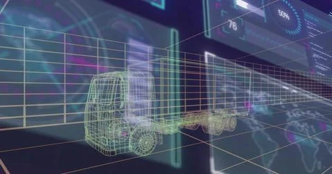 Displaying 3D wireframe truck model moving on perspective grid showing Illustrazione stock