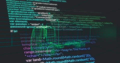 Displaying 3D wireframe truck model glowing in code editor workspace with code Stock Photos