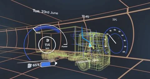 Displaying 3D wireframe truck model navigating grid-line tunnel, with Eco gauge Stock Photos