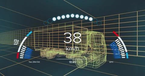 Displaying 3D wireframe truck navigating HUD corridor, showing 38 km or h, arc Stock Illustration