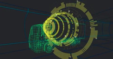 Displaying 3D wireframe truck within grid-lined tunnel, with HUD overlays and Stock Illustration