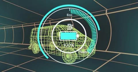 Displaying 3D wireframe van model charging in virtual tunnel, with circular UI Stock Illustration