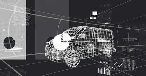 Displaying 3D wireframe van model rotating in virtual workspace, with pie chart, Stock Illustration