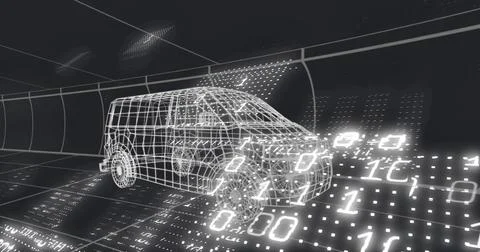 Displaying 3D wireframe van model hovering in virtual chamber above grid, with 写真素材
