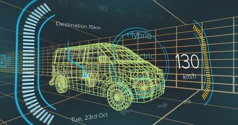 Displaying 3D wireframe van projecting within virtual simulation, with HUD arrow Stock Photos