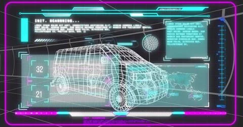 Displaying 3D wireframe van scanning in digital scan station with grid overlays, Illustrazione stock