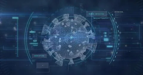 Displaying 3D wireframe virus model with spikes at center of virtual interface, 스톡 일러스트