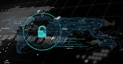 Displaying 3D world map in cyber interface featuring glowing cyan padlock, 스톡 일러스트