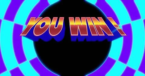 Displaying 3D YOU WIN! text over black circle in background with concentric aqua Ilustração Stock
