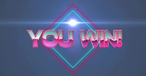 Displaying 3D YOU WIN! text glowing in game UI over magenta and cyan diamonds, Stock Photos