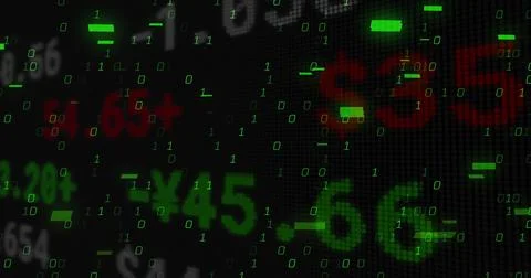 Displaying +45 cluster streaming green binary digits on dark pixel grid display, Stockillustratie