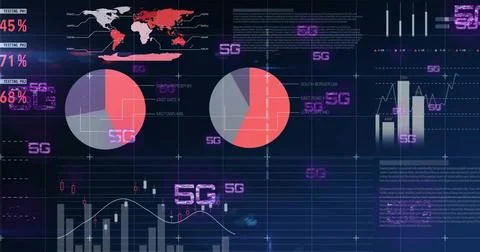 Displaying 5G network analytics dashboard panel at digital interface, with world Stock Photos