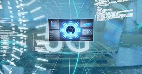 Displaying 5G network interface on desk in tech workspace, with monitor and Stockfoto's