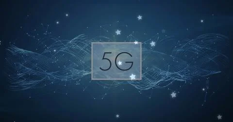 Displaying 5G text inside frame floating in virtual space, showing waveforms Stock Photos