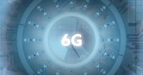 Displaying 6G holographic circular interface on grid, with radiating arrows and Stock Photos