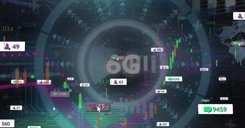 Displaying 6G network label pulsing at digital interface, with candlestick Stock Illustration