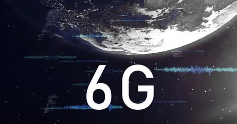 Displaying 6G text floating above Earth in outer space, with glowing code and Stock Illustration