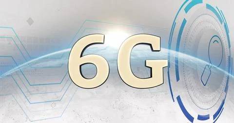 Displaying 6G text hovering above Earth horizon, with light flare, circuit lines Stock Photos