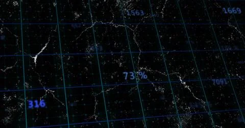 Displaying 73% marker glowing over blue grid map with 316 label and light Stock Photos
