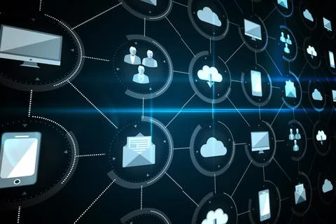 Displaying abstract 3D network grid in dark interface featuring glowing tech Ilustração Stock