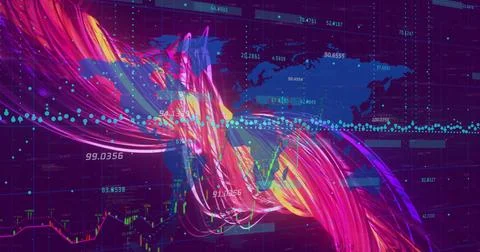 Displaying abstract data ribbons flowing across world map on grid interface, Stock Photos