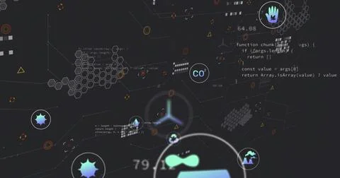 Displaying abstract digital cluster pulsing on dark dashboard, with CO2 label, 스톡 일러스트