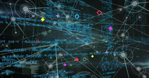 Displaying abstract digital network in data environment, with colored geometric Stock Photos