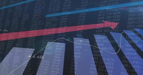 Displaying abstract financial chart on terminal showing 3D bars, red upward Illustrazione stock