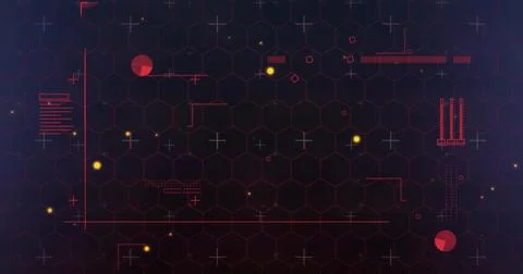 Displaying abstract HUD elements on dark backdrop, with honeycomb grid, red Stock Illustration
