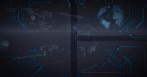 Displaying abstract HUD graphics pulsing in virtual dashboard, with globe, Stock Illustration