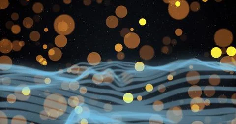 Displaying abstract light-blue waveform patterns rippling over dark void, with Stock Photos