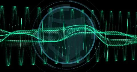 Displaying abstract neon green waveform undulating on data screen, with dotted 写真素材