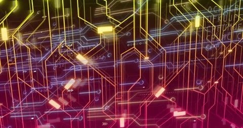 Displaying abstract network on digital grid, with circuit lines, nodes, panels Stock Photos
