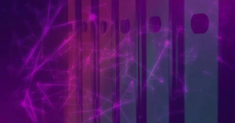 Displaying abstract network in digital scene, showing glowing magenta nodes a Stock Photos