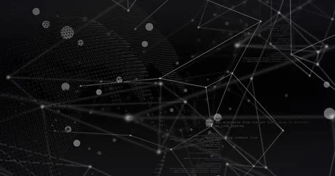 Displaying abstract network of glowing nodes pulsing in dark data space, with Stock Photos