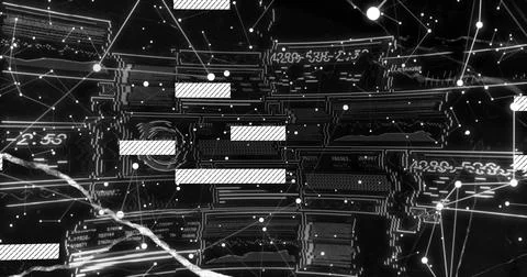Displaying abstract network graphic pulsing on virtual interface, with lines and Illustrazione stock