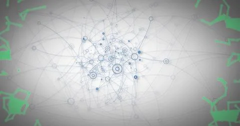 Displaying abstract network on grey canvas with nodes, lines and paths, circl Stock Photos