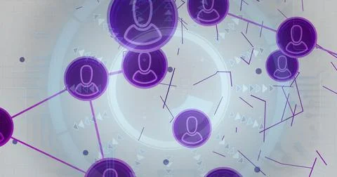 Displaying abstract network interface over virtual grid, showing purple user Foto stock