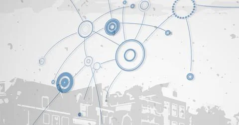 Displaying abstract network linking circular nodes above city skyline, with thin Illustrazione stock