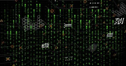 Displaying abstract network map in virtual interface, showing green binary Illustrazione stock