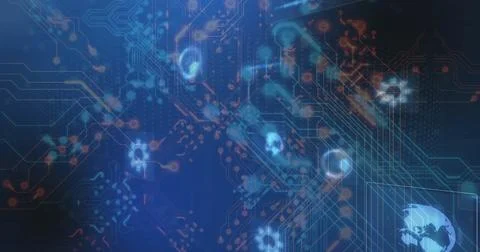 Displaying abstract network pattern in security panel, with circuit traces skull Stock Photos