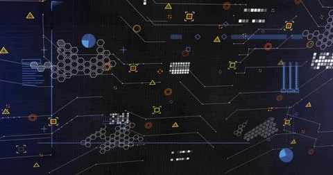 Displaying abstract network schematic on dark dashboard with hex clusters, node Stock Illustration