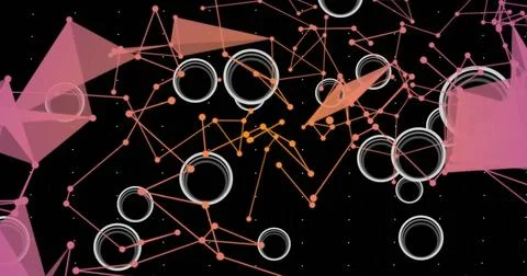 Displaying abstract network on screen, with colored nodes, white rings and Stock Photos
