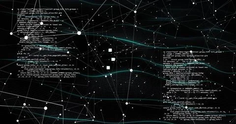 Displaying abstract network view in virtual space, showing dotted mesh, white Stock Photos