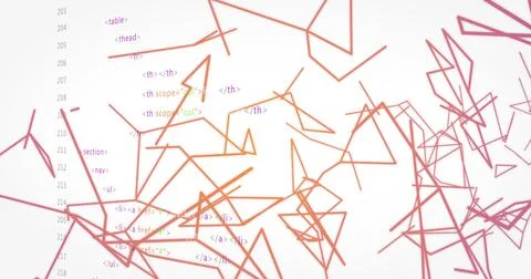 Displaying abstract network on white screen with orange-magenta nodes and HTML Stock Photos