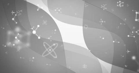 Displaying abstract science graphic centered on slide, featuring atomic icons, 스톡 일러스트